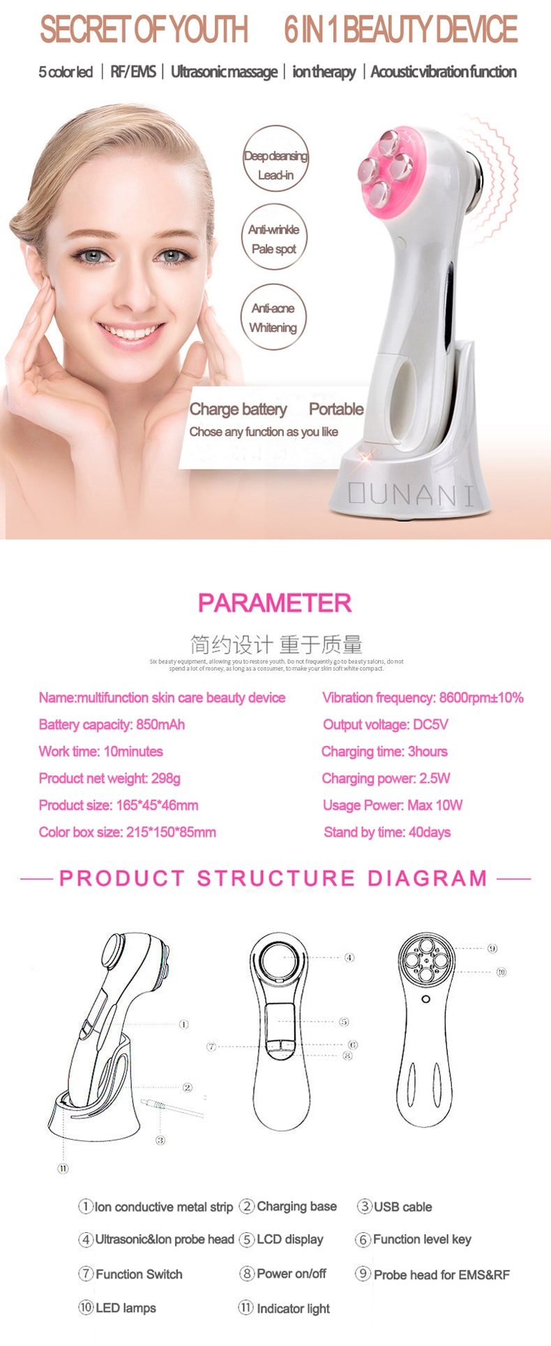 详情图1 portable ems ultrasonic led light face vibrating facial beauty electric vibrating massage tool massager machine