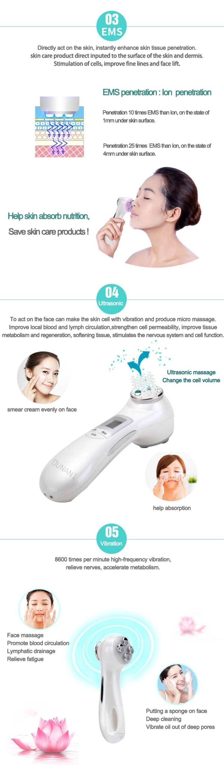 详情图6 portable ems ultrasonic led light face vibrating facial beauty electric vibrating massage tool massager machine